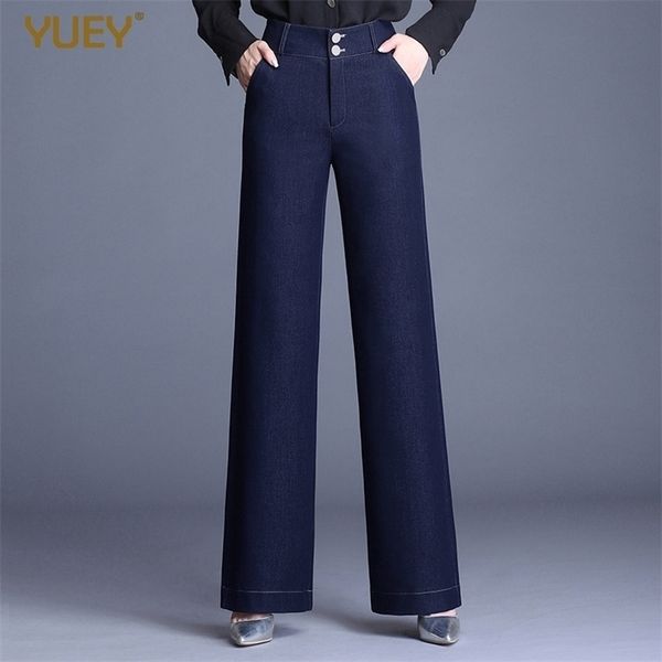 

women's black blue wide leg jeans flat high waist large size straight drape autumn winter stretch denim pants thick  to 6xl 210809