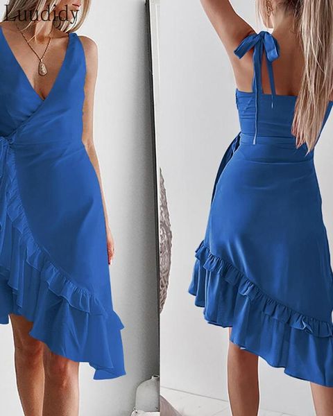 

casual dresses women v-neck sleeveless high waist elegant ruffled hem irregular lace up dress, Black;gray