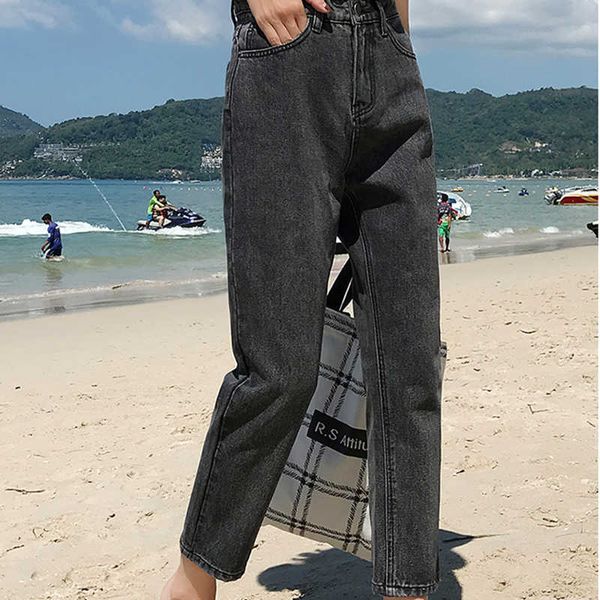 

wiccon high waist woman plus size mom jeans black gray blue womens clothing street style 2021 solid wash coated fashion