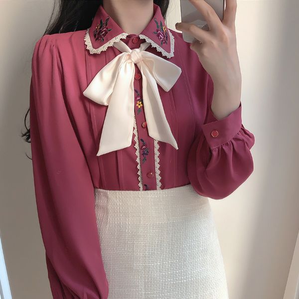 

sweet embroidered lace autumn turn down collar women chiffon blouse bow tie long-sleeved office lady shirt 210225, White