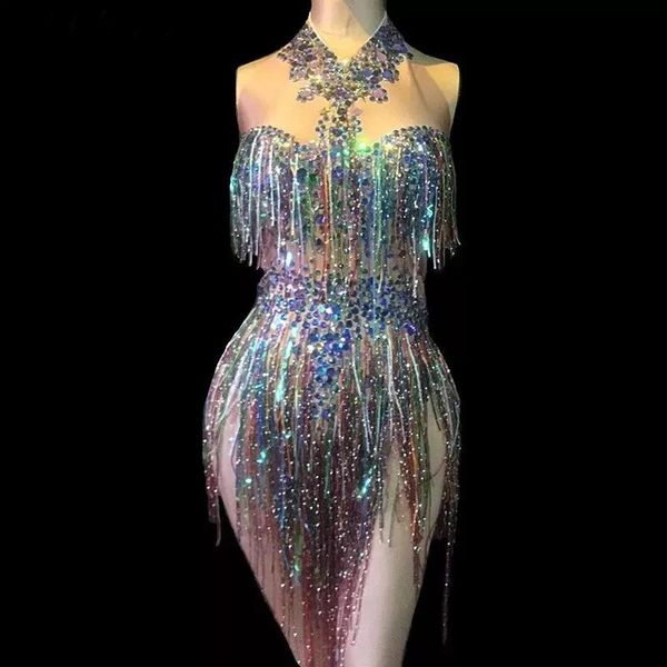 

women's jumpsuits & rompers colorful sequins rhinestones tassels bodysuit sleeveless crystals jumpsuit nightclub women singer stage wea, Black;white