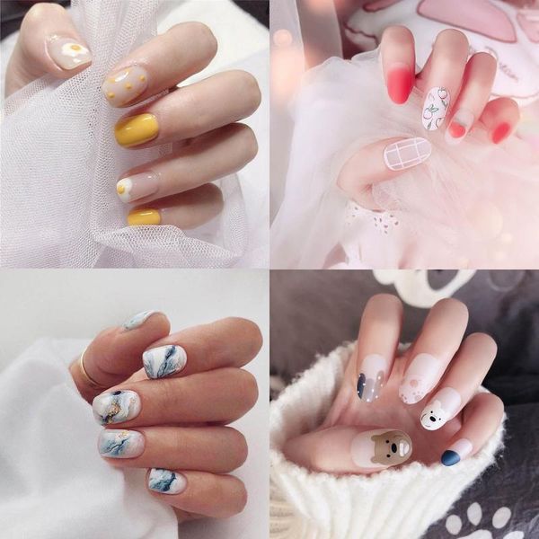 

false nails women fashion full cover detachable artificial fake short round/square head wearable nail tips, Red;gold