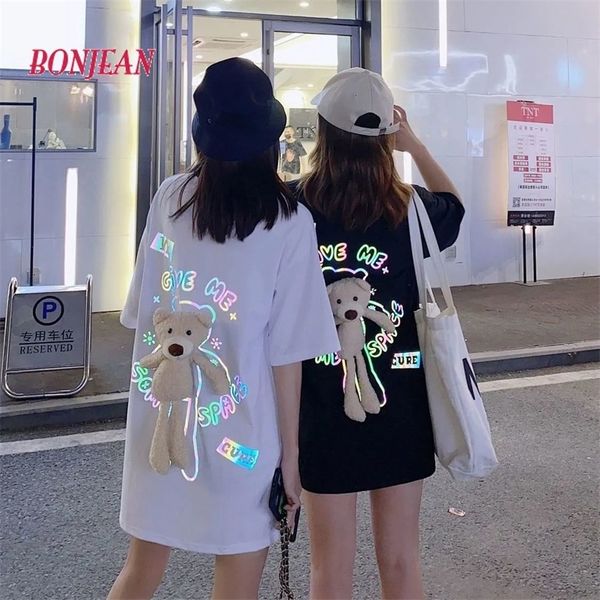 

women child harajuku hip hop ins reflective back korean bear t-shirt summer loose mid-length short sleeve 210315, White