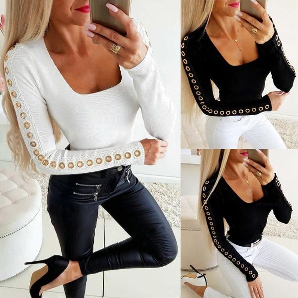 

women's t-shirt elegant women long sleeve t-shirts for streetwear corn eye patchwork design hollow out square collar solid autumn pullo, White