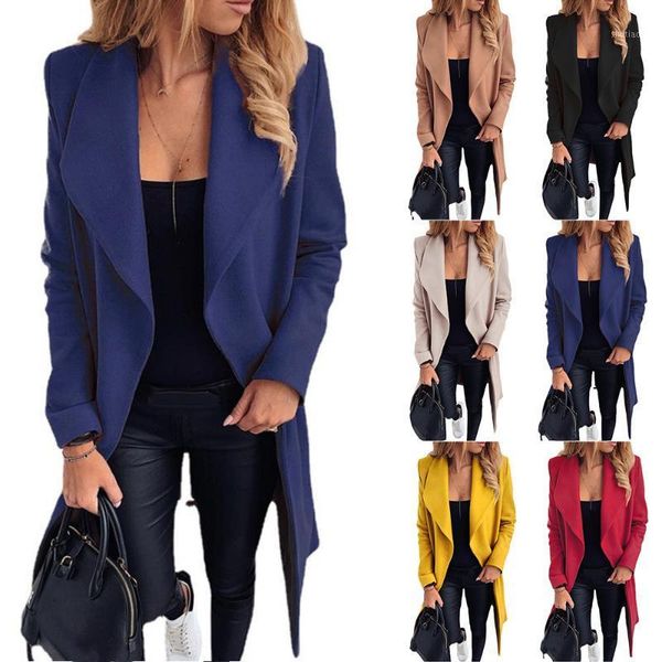 

women's wool & blends knee length plain coats long sleeve open front loose over coat casual outwear women warm autumn winter, Black