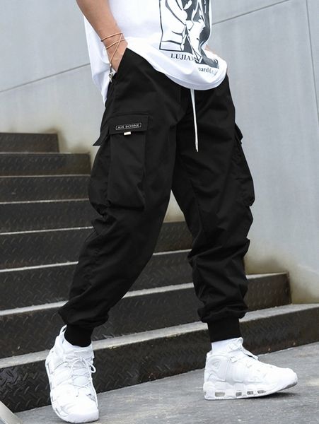 

men letter graphic flap pocket drawstring waist cargo pants z9te#, Black