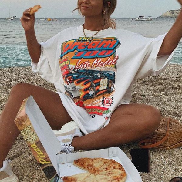 

women's t-shirt white car letter print graphic t shirts vintage casual elegant plus size loose o neck short sleeve summer for women 20