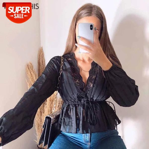 

wannathis blouses woman deep v-neck long sleeve lace slim bandage women's shirt casual autumn elegant streetwear 2020 #bs7c, White