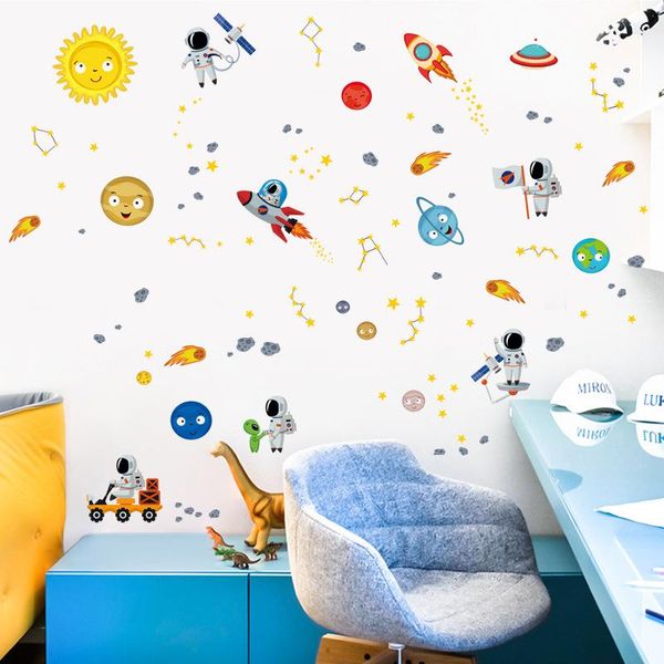 

wall stickers cartoon planet self-adhesive nine planets ufo astronaut rocket children's room decoration wallpaper