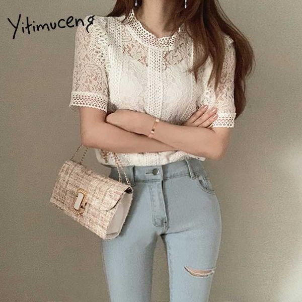 

yitimuceng lace blouse women patchwork floral shirts short sleeve unicolor white apricot summer fashion office lady 210601