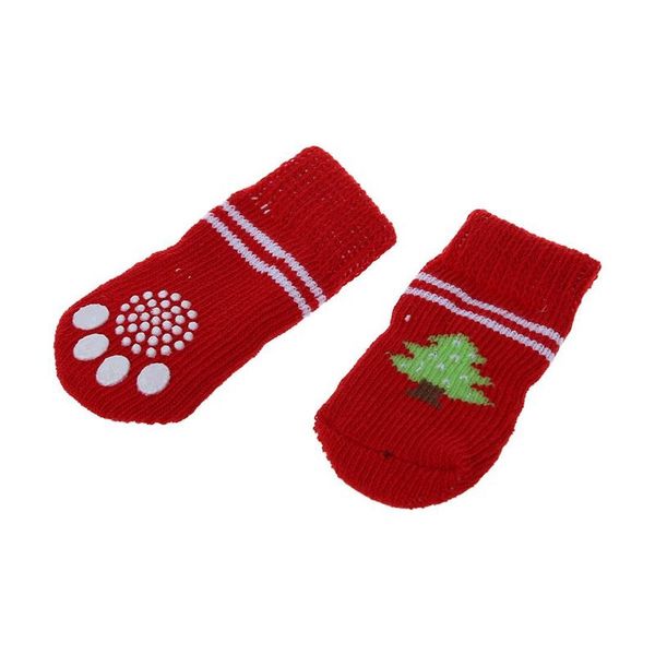 

dog apparel 4 pcs tree pattern knitted nonslip walking bootie sock red for