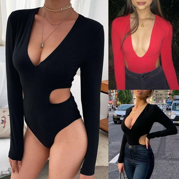 

women's jumpsuits & rompers deep-v neck long sleeve bodysuit ladies hollow solid color bodycon romper black red slim fit bodysuits, Black;white