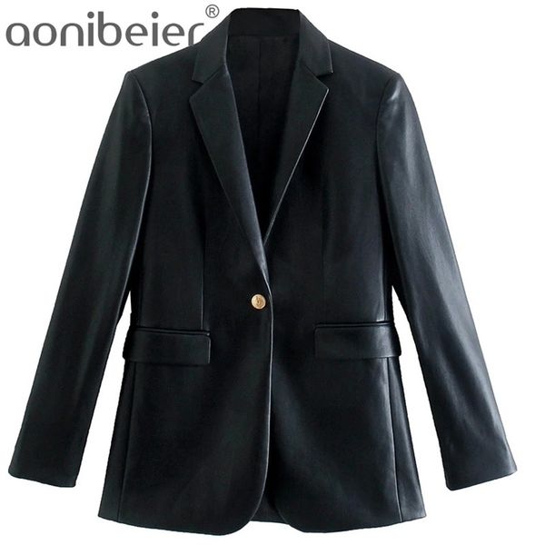

aonibeier za woman casual traf coats autumn single button slim long blazers notched collar black faux pu leather jacket 211130