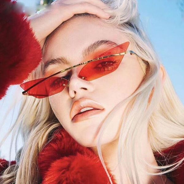 

small sunglasses 2021 women cat eye vintage rimless polygon sun glasses womens mens red shades narrow lens metal frame eyewear, White;black