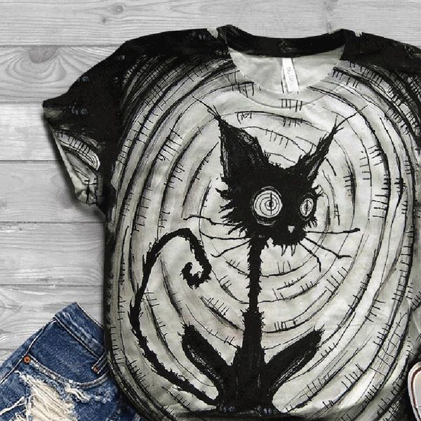 

t shirt women black cat print panic horror cat halloween t shirt short sleeve summer graphic tees shirt camisetas mujer, White