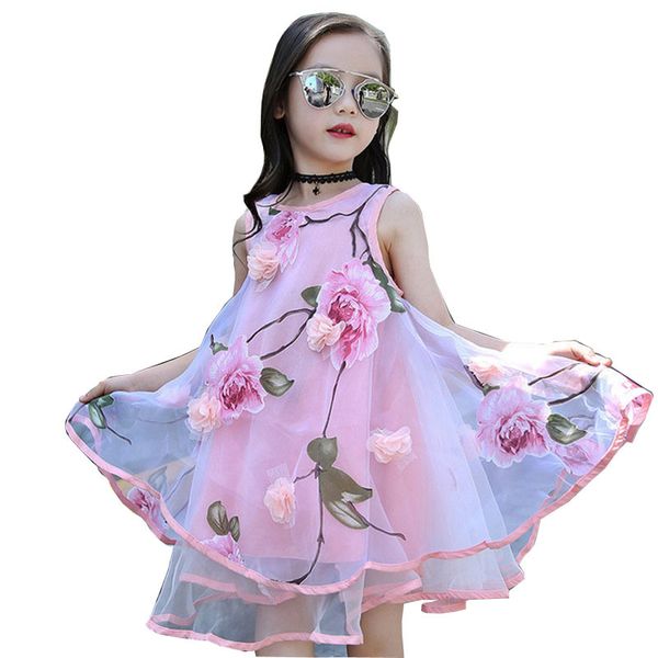 Summer Girls Kids Flower Knee Sleeveless Dress Baby Abbigliamento per bambini Abiti da festa per bambini 6 7 8 9 10 11 12 13 14 15 anni 210303