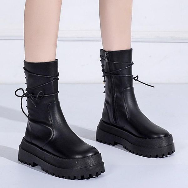 

boots rimocy pu leather platform ankle women thick bottom shoes autumn winter cross strap chunky motorcycle botas mujer 2021, Black