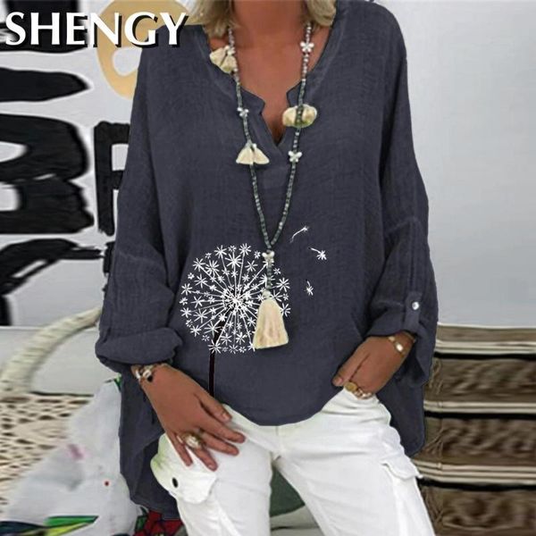 

women's blouses & shirts autumn women linen cotton plus size v-neck long sleeve casual dandelion floral print loose shirt female vintag, White