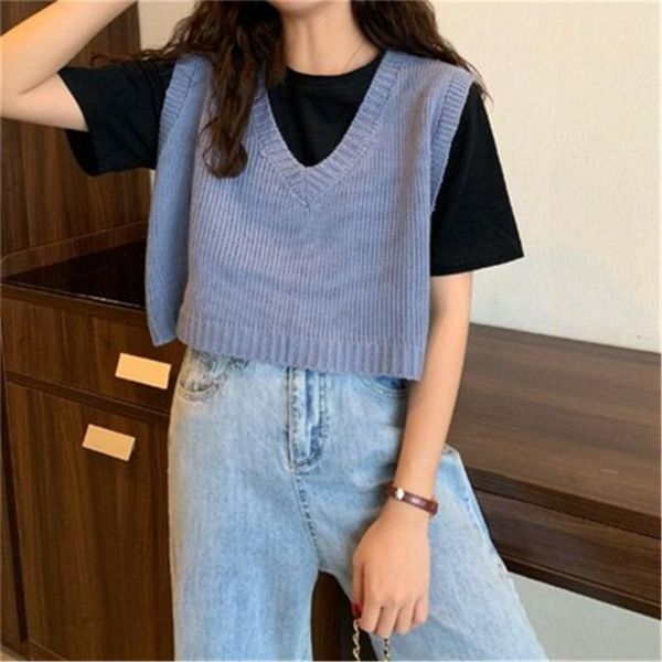 

women sleeveless pullover 2021 korean style casual oversized v neck knitted sweater vest cute short tank waistcoat pullover, Black;white