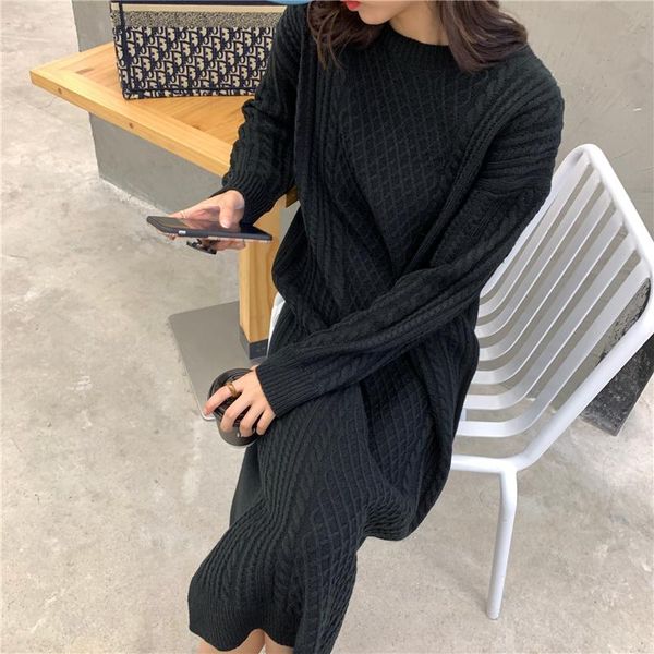 

casual dresses black white sweater dress long sleeve o neck loose knitted 2021 autumn fashion women pullover, Black;gray