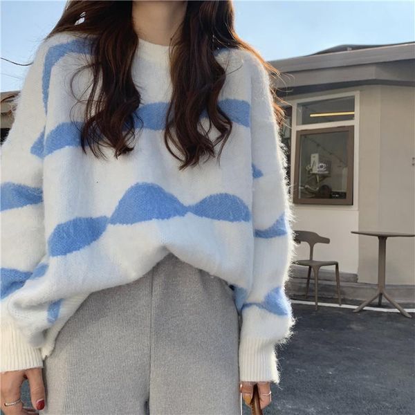 

women's sweaters fall plush loose pullover contrast color sweater, White;black