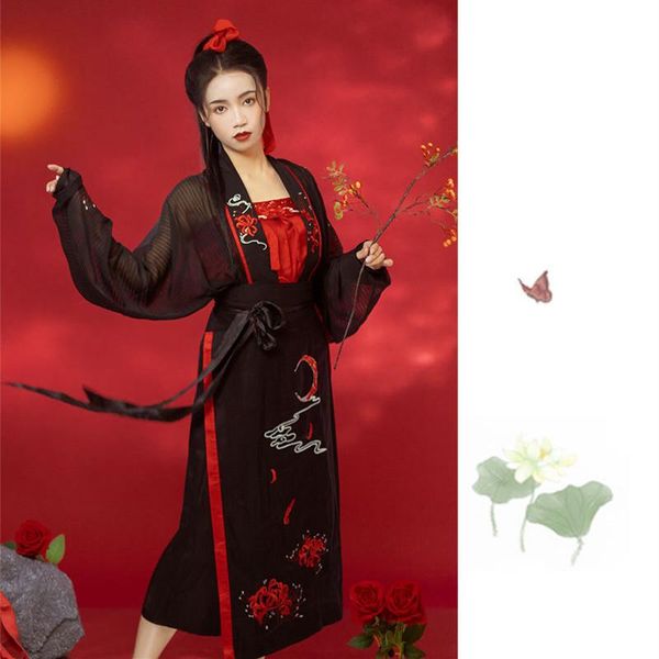 

casual dresses chinese hanfu dress embroidery stylish suit crewneck long sleeve women black tradition set, Black;gray