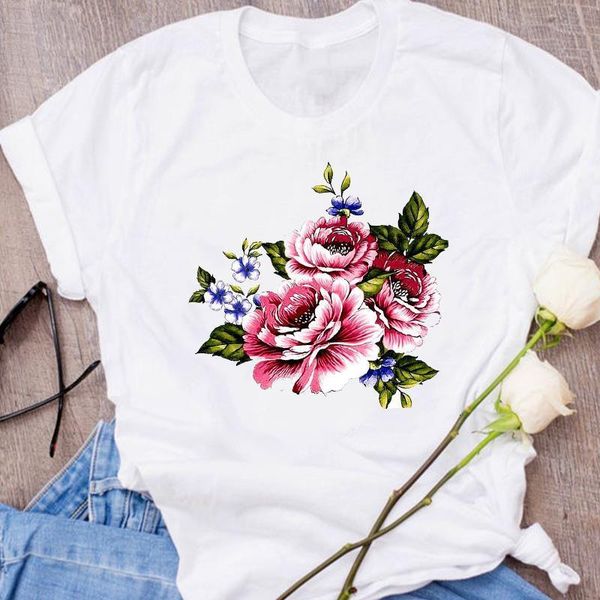 

women graphic ladies kawaii 90s style floral flower clothes lady tees print clothing female t shirt womens t-shirt, White