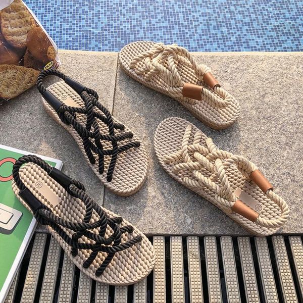 

sandals rope women summer platform flat slipper lady colorful for girls, Black