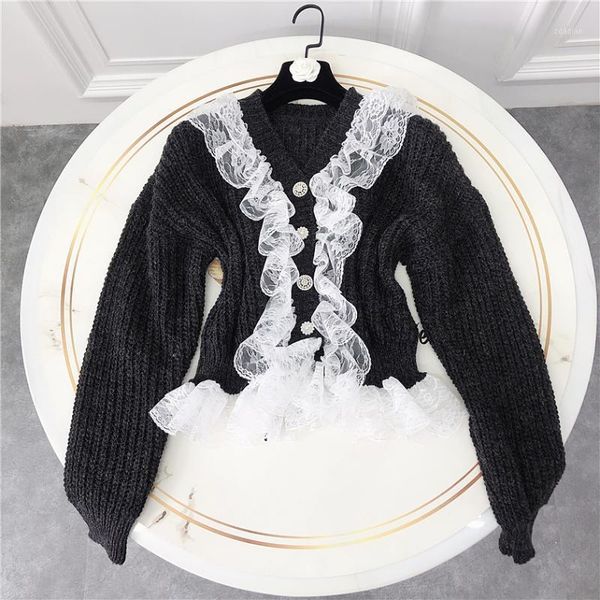 

women's sweaters 2021 v-neck long-sleeved beaded lace stitching knitted sweater women 0930, White;black