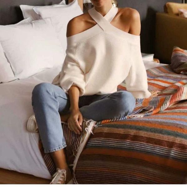 

women's sweaters off-shoulder loose knit sweater cute europe and the united states wholesale dropping winter two-color for women, White;black