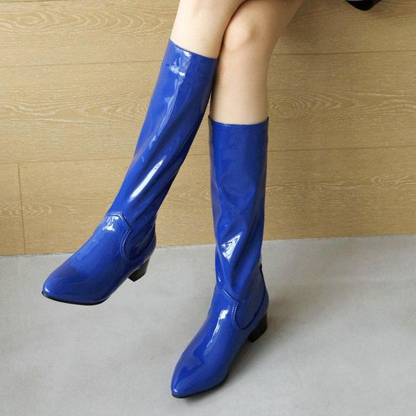 

boots 2021 women candy colors knee high patent pu leather slip on square toe long autumn winter pointed women's shoes, Black