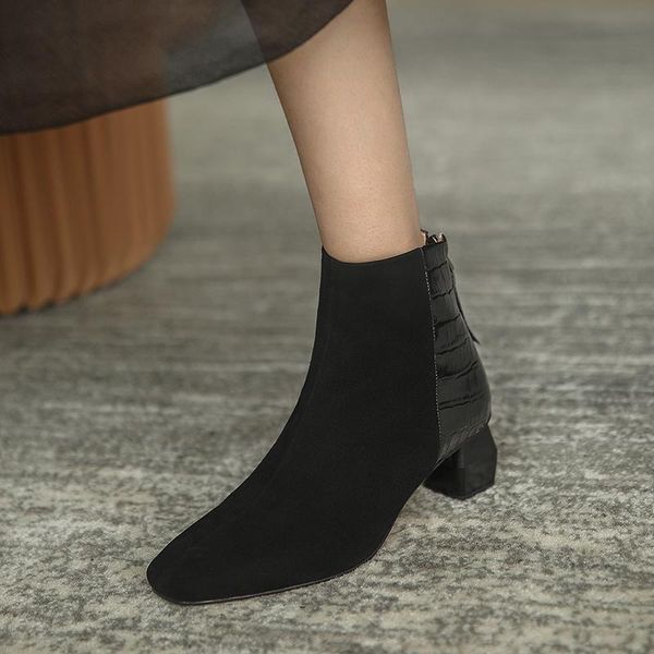 

boots eshtonshero ankle winter women shoes leather scrub square toe high heel zipper short motorcycle size 3-9, Black