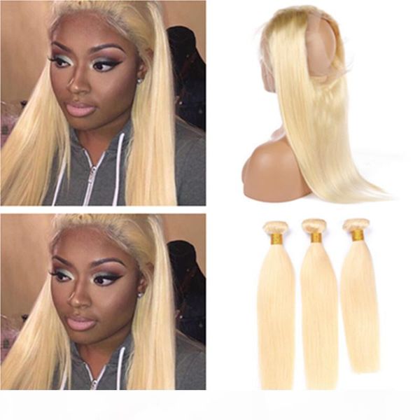 

russian blonde human hair 3bundles with 360 frontal closure straight 613 blonde virgin hair weaves with 360 full lace frontal 22.5x4x2, Black;brown