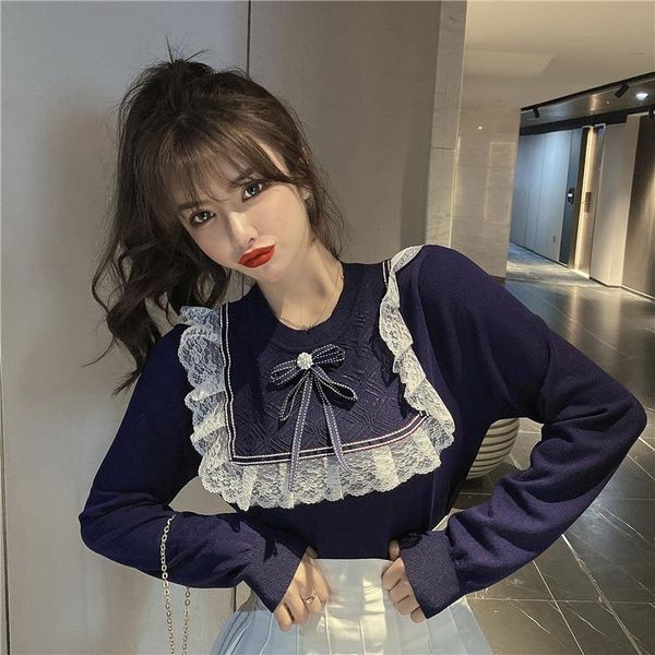 

women's sweaters spring and autumn sweet lace stitching sweater women elegant knitted bow pullovers, White;black