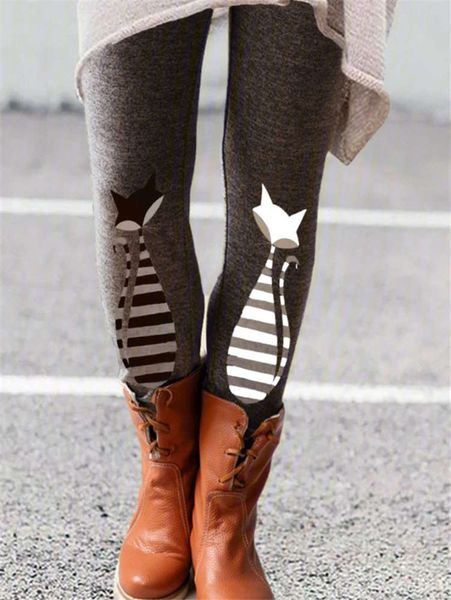 

2021 5 color cat print versatile elastic leggings boots pants women, Black