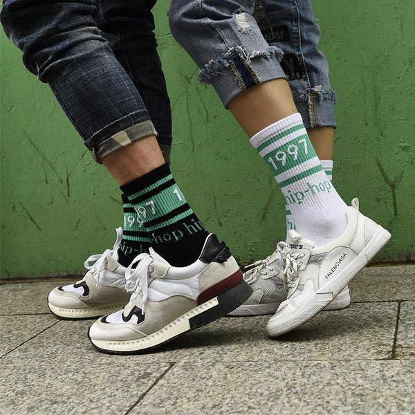 

men streetwear socks 1997 korean sports harajuku socks cotton trend skateboard couple hip-hop high striped, Black;white