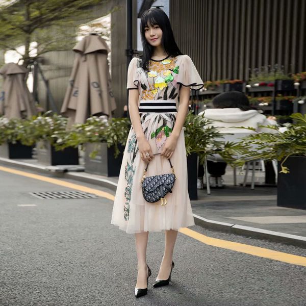 

fashion 2021 summer new women's streetwear sequins embroidery patchwork mesh vintage elegant midi dress redk, Black;gray