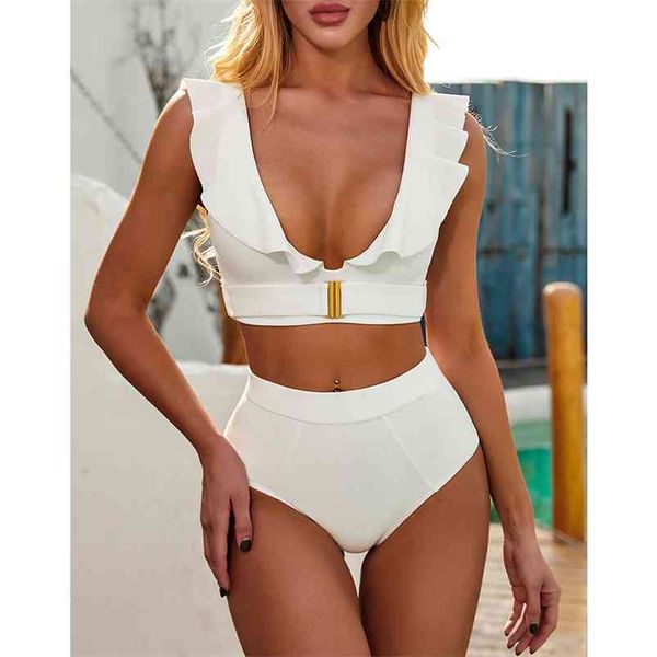 Costume da bagno a vita alta con volant Costume da bagno donna push up Costumi da bagno donna bianco Costume da bagno estivo da spiaggia 210629