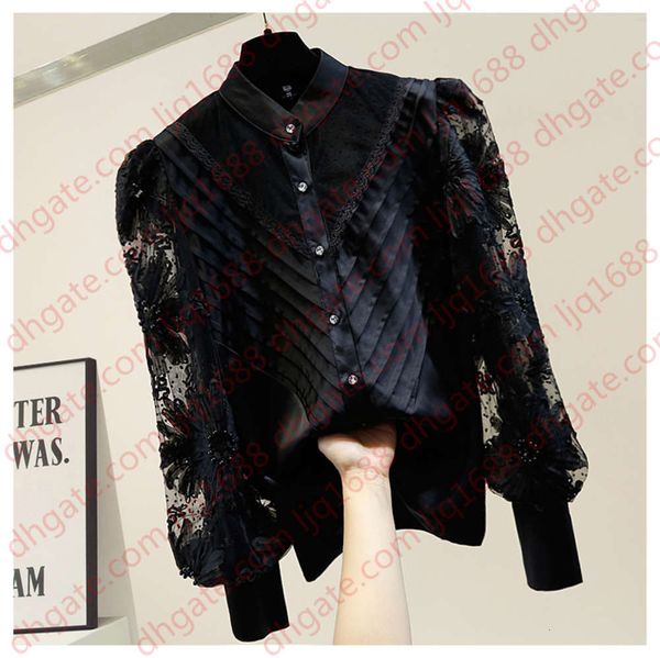 

beaded lace white and black white blouse woman 2020 spring stand-collar shirt single breasted retro lantern sleeve blouse femme