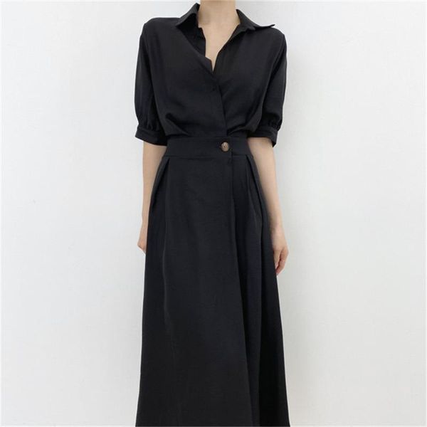 

party dresses hzirip summer shirts maxi dress lapel elegant chic lady pure color 2021 streetwear women fashion ol femme vestidos sundress, White;black