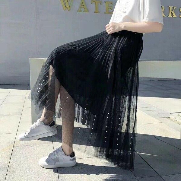 

skirts women princess ballet tulle pleated skirt wedding beading sundress streetwear saia midi high waist female, Black