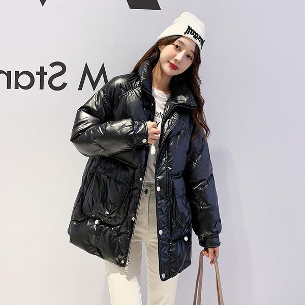 

women's down & parkas net red bright face cotton padded clothes women's middle and long style hooded korean loose bread clot, Black