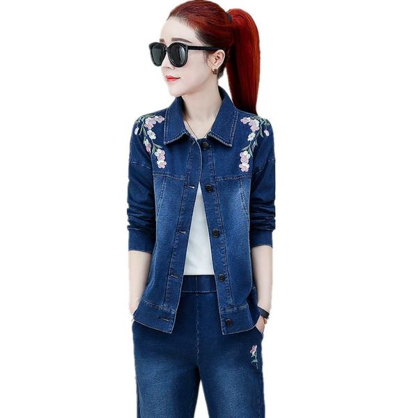 

women's tracksuits 2021 european fashion for women jeans sporting suit female casual 2 piece embroidery lady clothes set 1589, Gray
