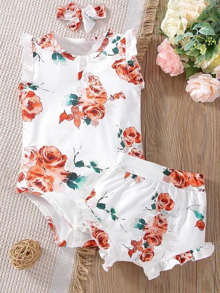 

baby floral print frill trim bodysuit & shorts with headband she, White