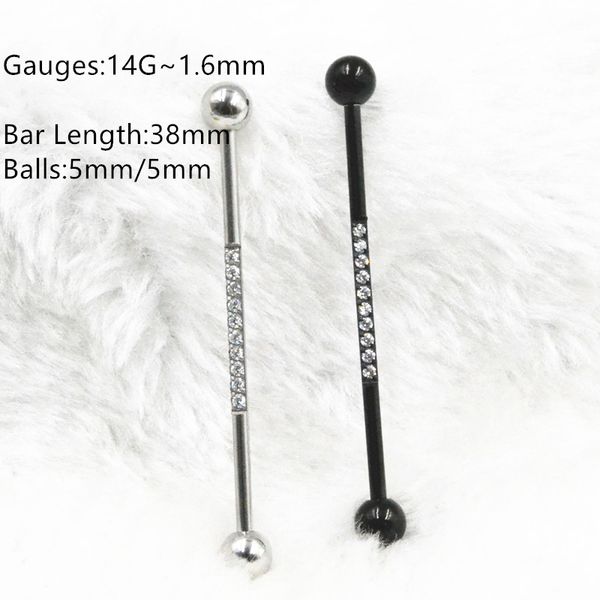 

10pcs shippment 14g~1.6mm cz gems straight helix scaffold long barbells industrial bar body jewelry ear piercing, Silver
