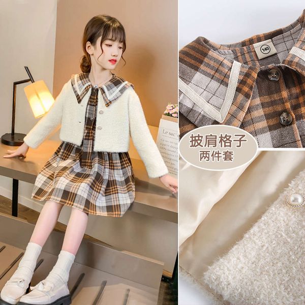 

net 2021 new girls' red girl's spring coat fried street dress autumn foreign style children's two piece set, White