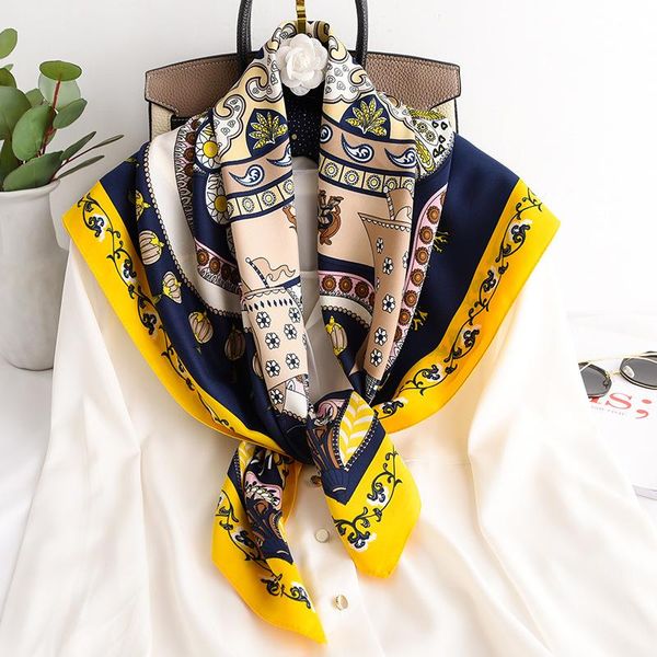 

scarves spring silk square scarf women shawl neck wrap pashmina headband hijab 2021 design print female foulard bandana, Blue;gray