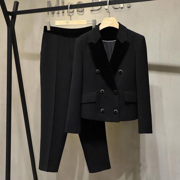 

women's two piece pants casual spring women double breasted blazer jacket+black long trouse female sets suits, White