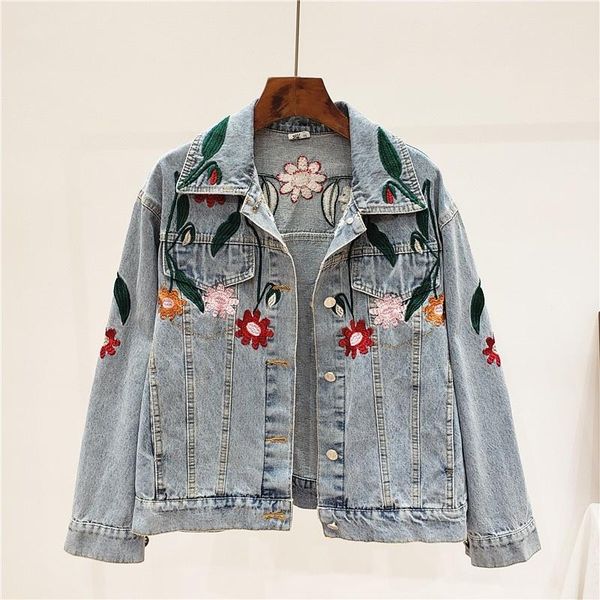 

women's jackets 2021 autumn women floral embroidery jeans jacket single breasted vintage ladies casual denim loose streetwear coats, Black;brown