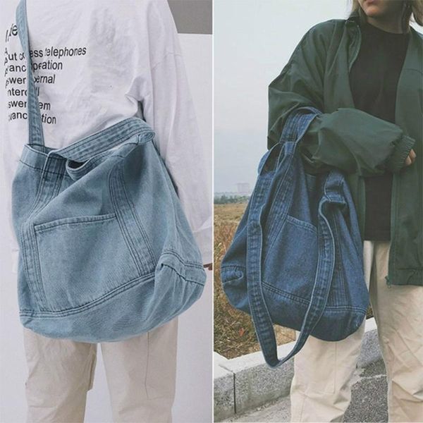 

shoulder bags simple casual wild color denim canvas bag large capacity durable eco-friendly shopping girl vintage style satchel